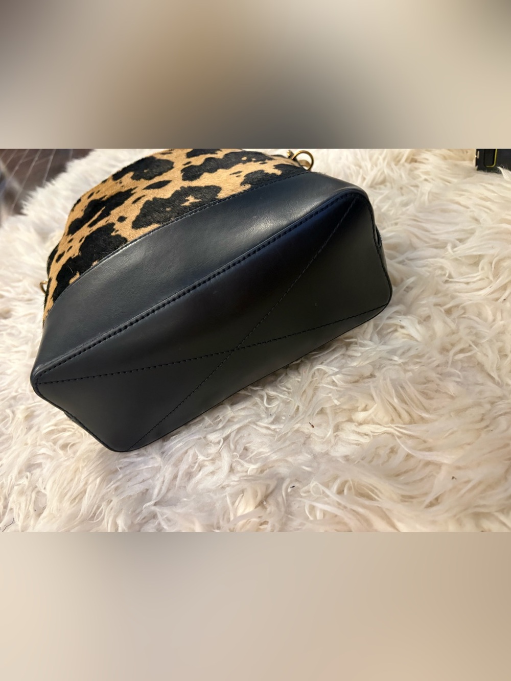 Ralph Lauren Small Hair Calf Bucket Bag Animal Print Purse Handbag Black Leather - Picture 6 of 16